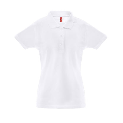 THC BERLIN WOMEN WH promotional polo shirt in white (detail view) with custom logo branding