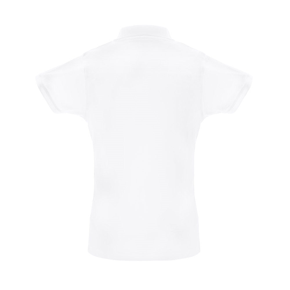 THC BERLIN WOMEN WH promotional polo shirt in white (detail view) with custom logo branding