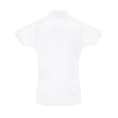 THC BERLIN WOMEN WH promotional polo shirt in white (detail view) with custom logo branding