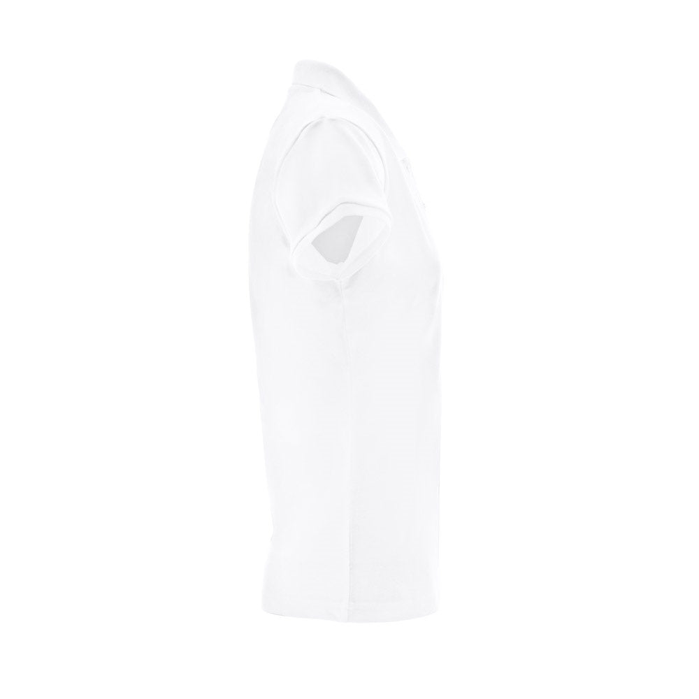 THC BERLIN WOMEN WH promotional polo shirt in white (detail view) with custom logo branding