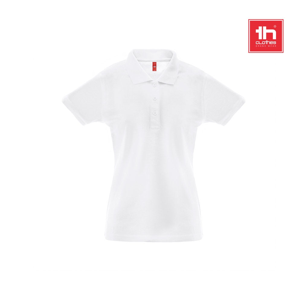 THC BERLIN WOMEN WH promotional polo shirt (complete set view) with custom logo branding
