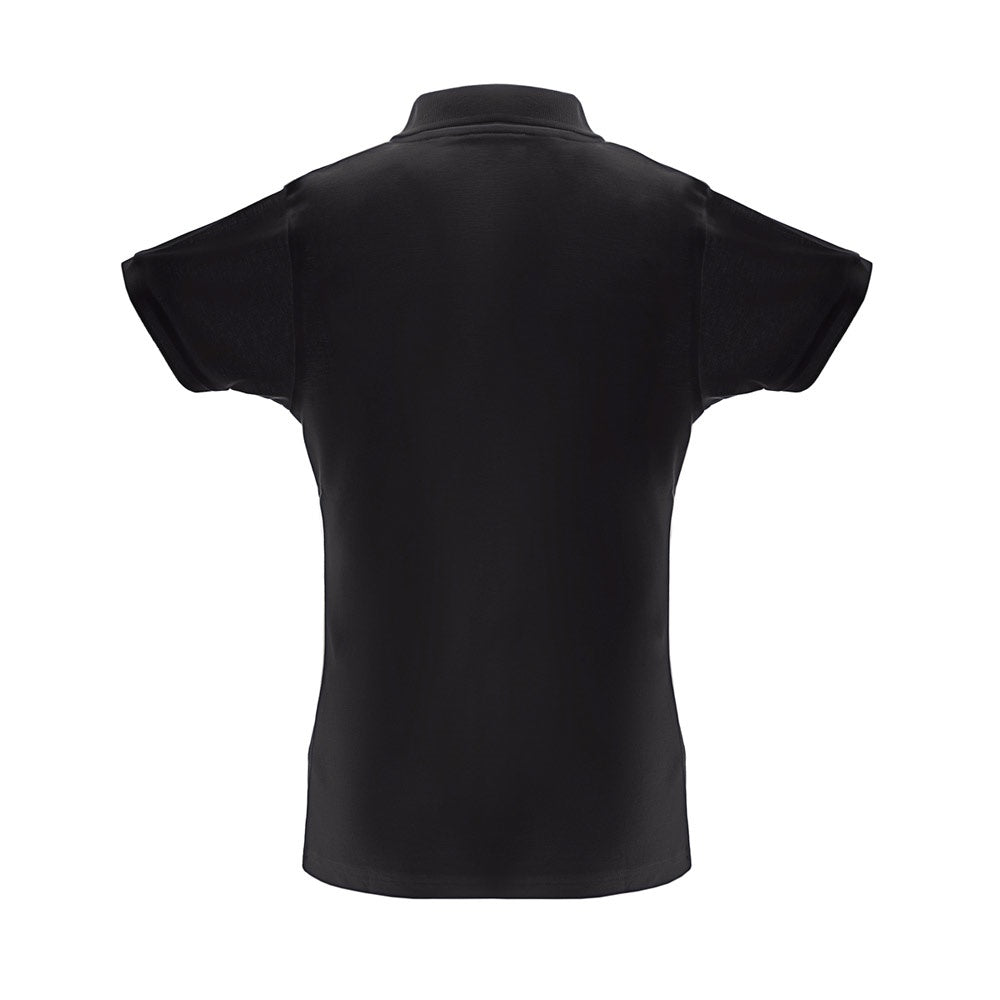 THC BERLIN WOMEN promotional polo shirt in black (detail view) with custom logo branding
