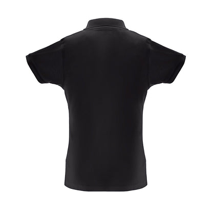 THC BERLIN WOMEN promotional polo shirt in black (detail view) with custom logo branding