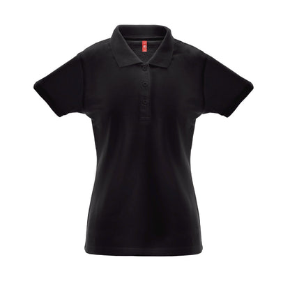 THC BERLIN WOMEN promotional polo shirt in black with custom logo branding