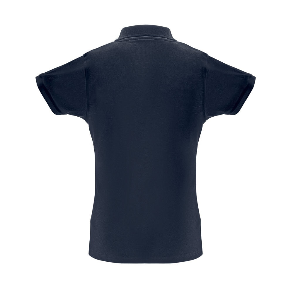 THC BERLIN WOMEN promotional polo shirt in blue (detail view) with custom logo branding
