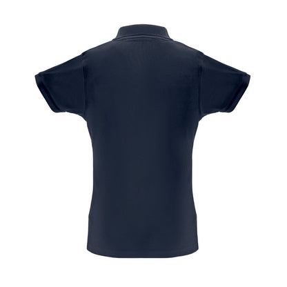 THC BERLIN WOMEN promotional polo shirt in blue (detail view) with custom logo branding