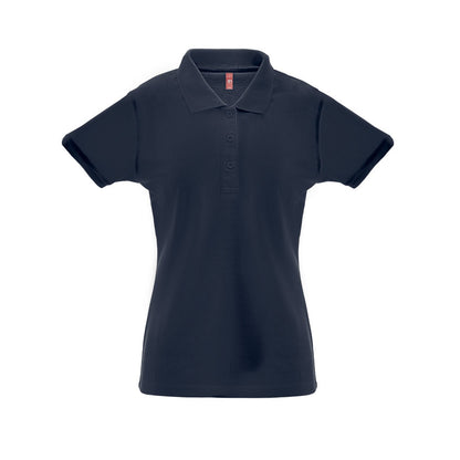 THC BERLIN WOMEN promotional polo shirt in blue with custom logo branding