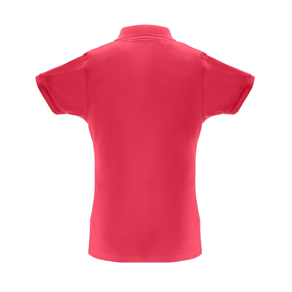 THC BERLIN WOMEN promotional polo shirt in red (detail view) with custom logo branding