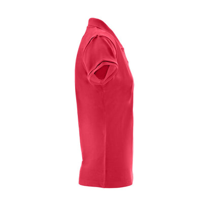 THC BERLIN WOMEN promotional polo shirt in red (detail view) with custom logo branding