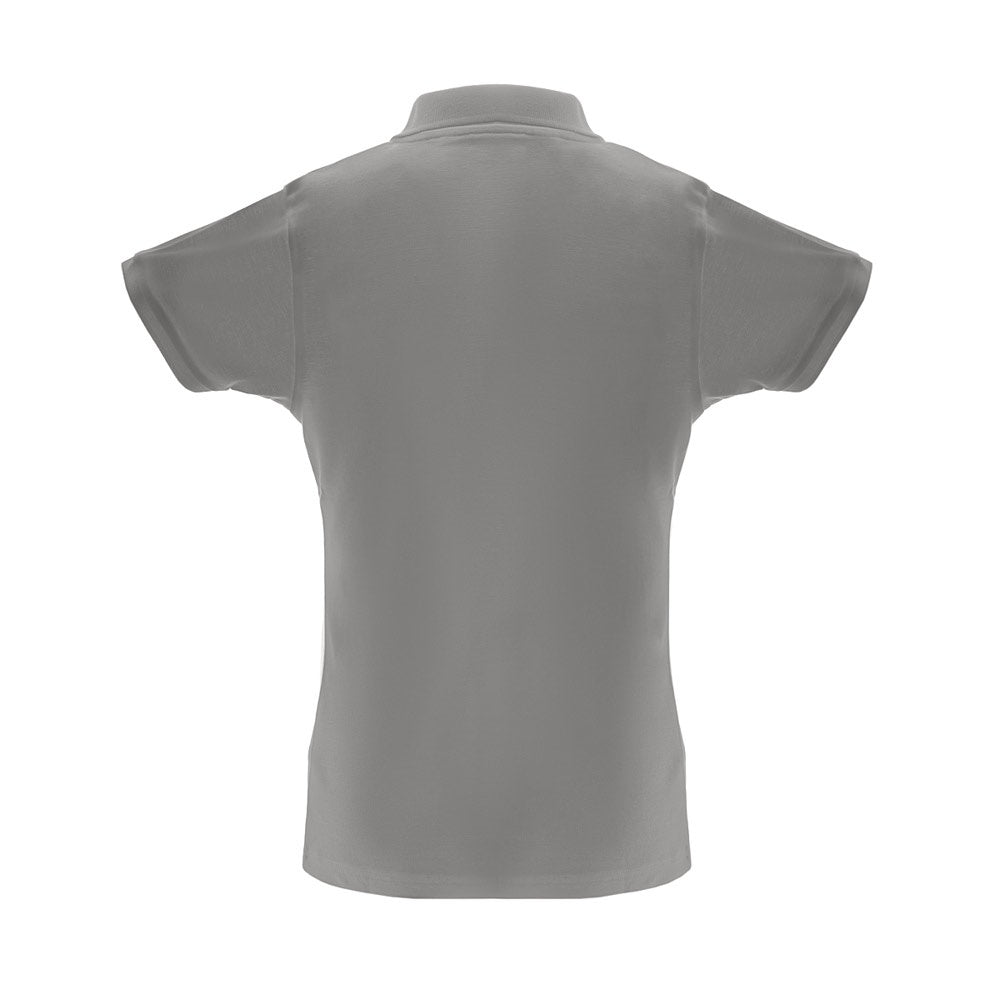 THC BERLIN WOMEN promotional polo shirt in grey (detail view) with custom logo branding