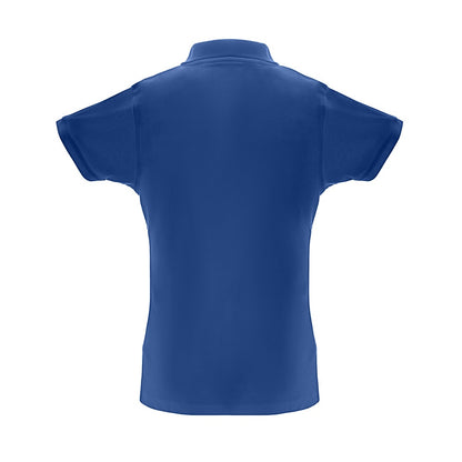 THC BERLIN WOMEN promotional polo shirt in royal blue (detail view) with custom logo branding