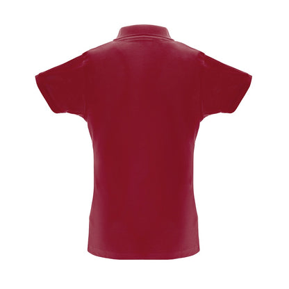 THC BERLIN WOMEN promotional polo shirt in burgundy (detail view) with custom logo branding