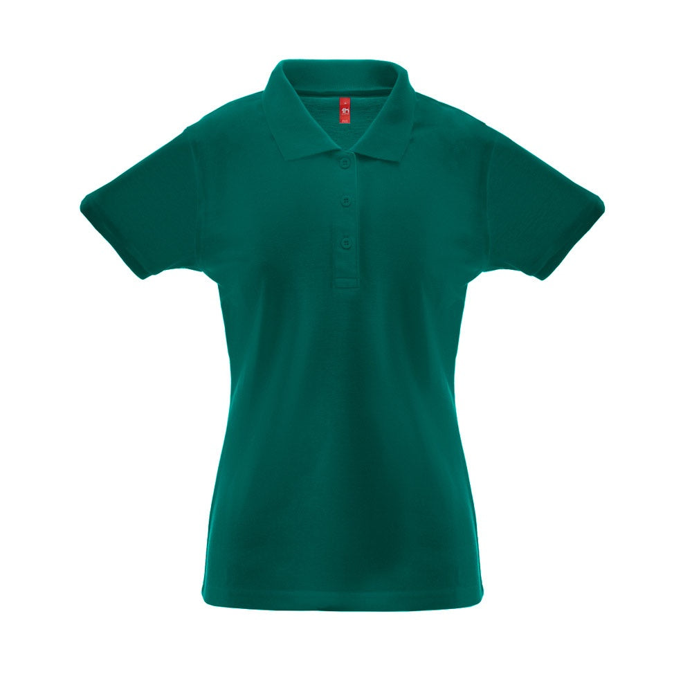THC BERLIN WOMEN promotional polo shirt in dark green (detail view) with custom logo branding