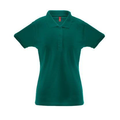 THC BERLIN WOMEN promotional polo shirt in dark green (detail view) with custom logo branding