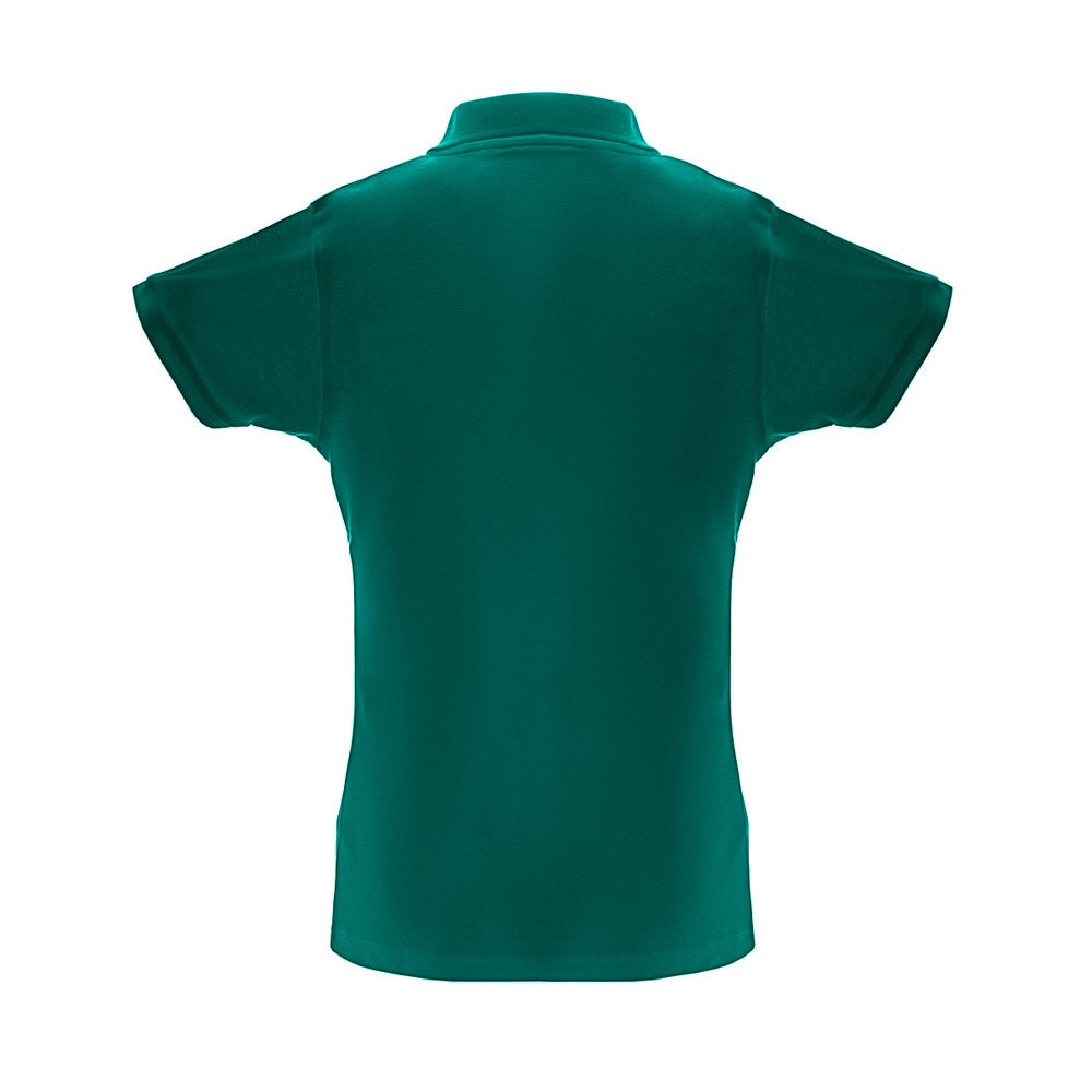 THC BERLIN WOMEN promotional polo shirt in dark green (detail view) with custom logo branding