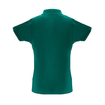 THC BERLIN WOMEN promotional polo shirt in dark green (detail view) with custom logo branding