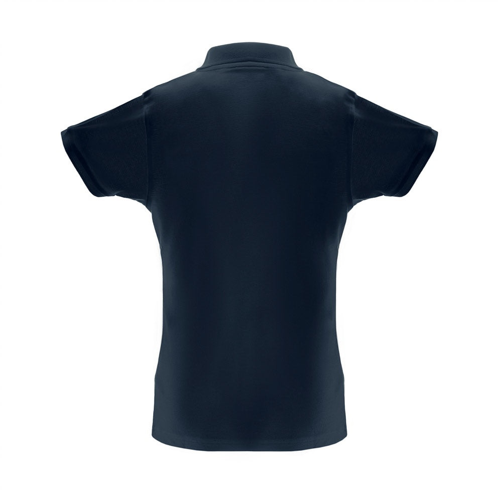 THC BERLIN WOMEN promotional polo shirt in navy blue (detail view) with custom logo branding