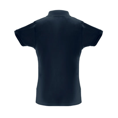 THC BERLIN WOMEN promotional polo shirt in navy blue (detail view) with custom logo branding