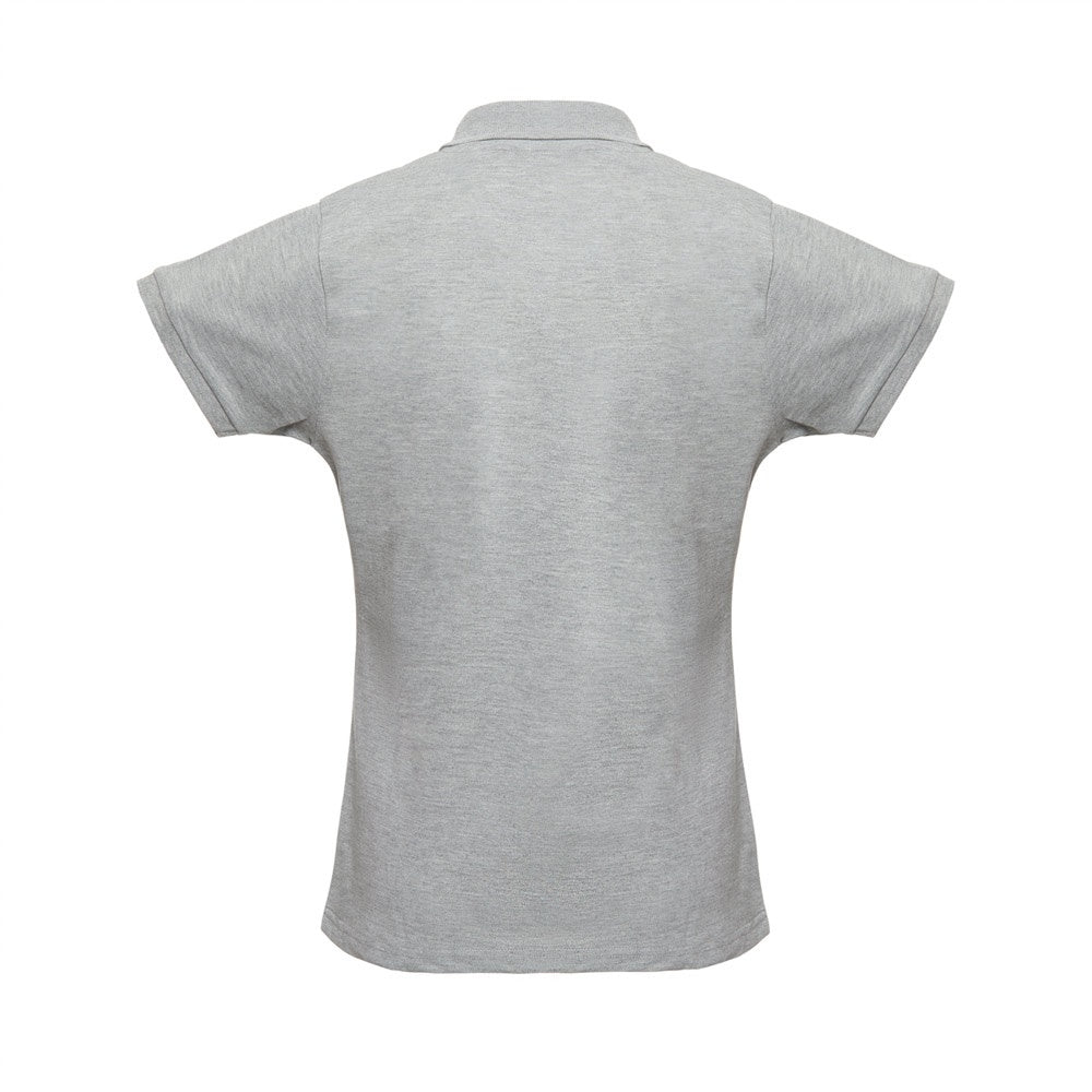 THC BERLIN WOMEN promotional polo shirt in heather light grey (detail view) with custom logo branding