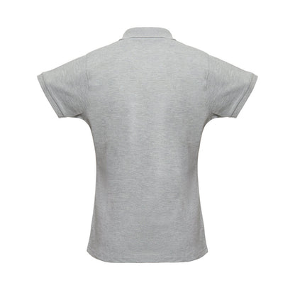 THC BERLIN WOMEN promotional polo shirt in heather light grey (detail view) with custom logo branding
