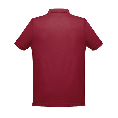 THC BERLIN 3XL promotional polo shirt in burgundy (detail view) with custom logo branding