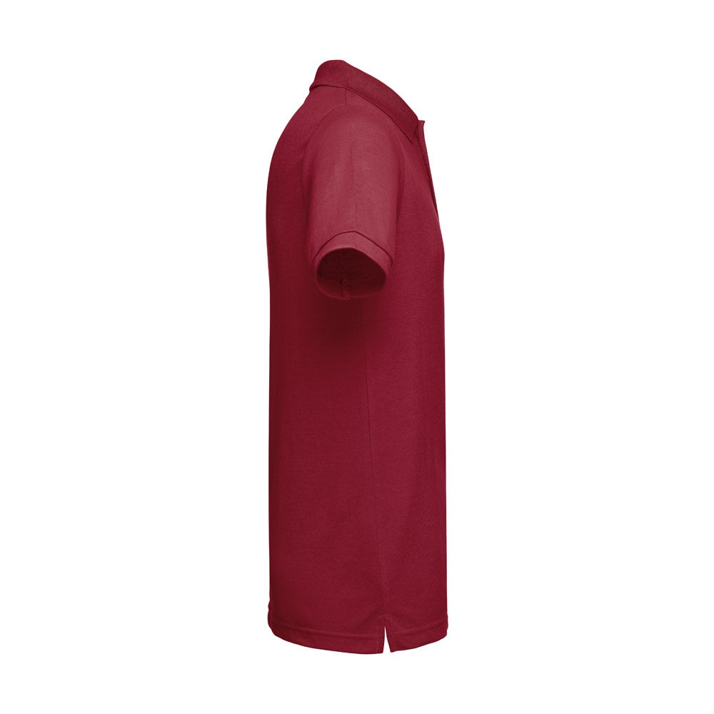 THC BERLIN 3XL promotional polo shirt in burgundy (detail view) with custom logo branding