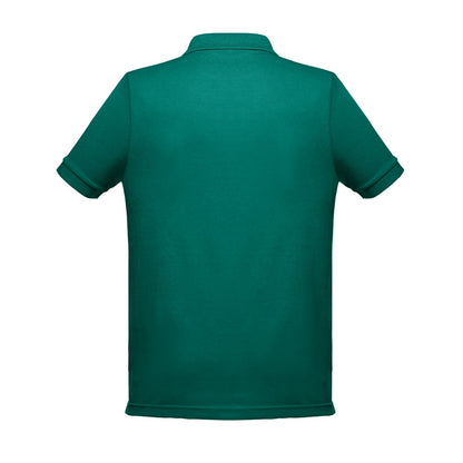 THC BERLIN 3XL promotional polo shirt in dark green (detail view) with custom logo branding