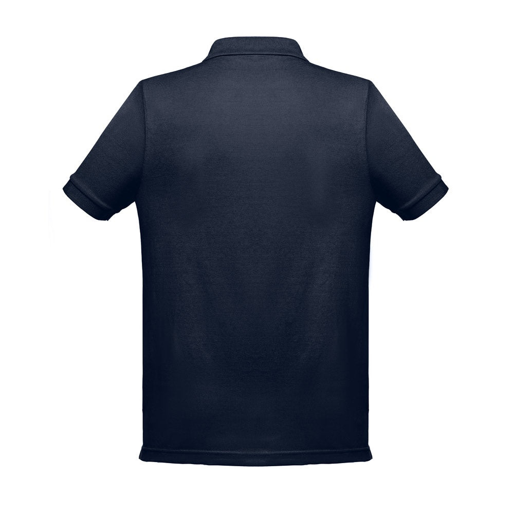 THC BERLIN 3XL promotional polo shirt in navy blue (detail view) with custom logo branding