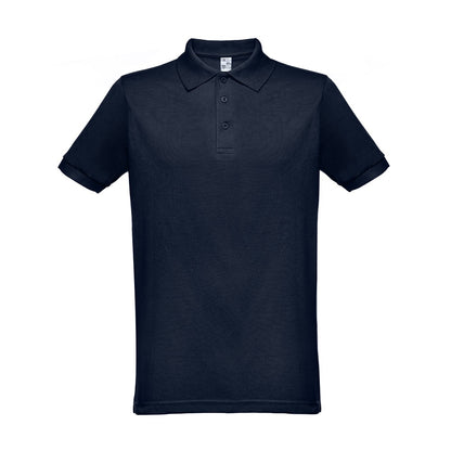 THC BERLIN 3XL promotional polo shirt in navy blue with custom logo branding