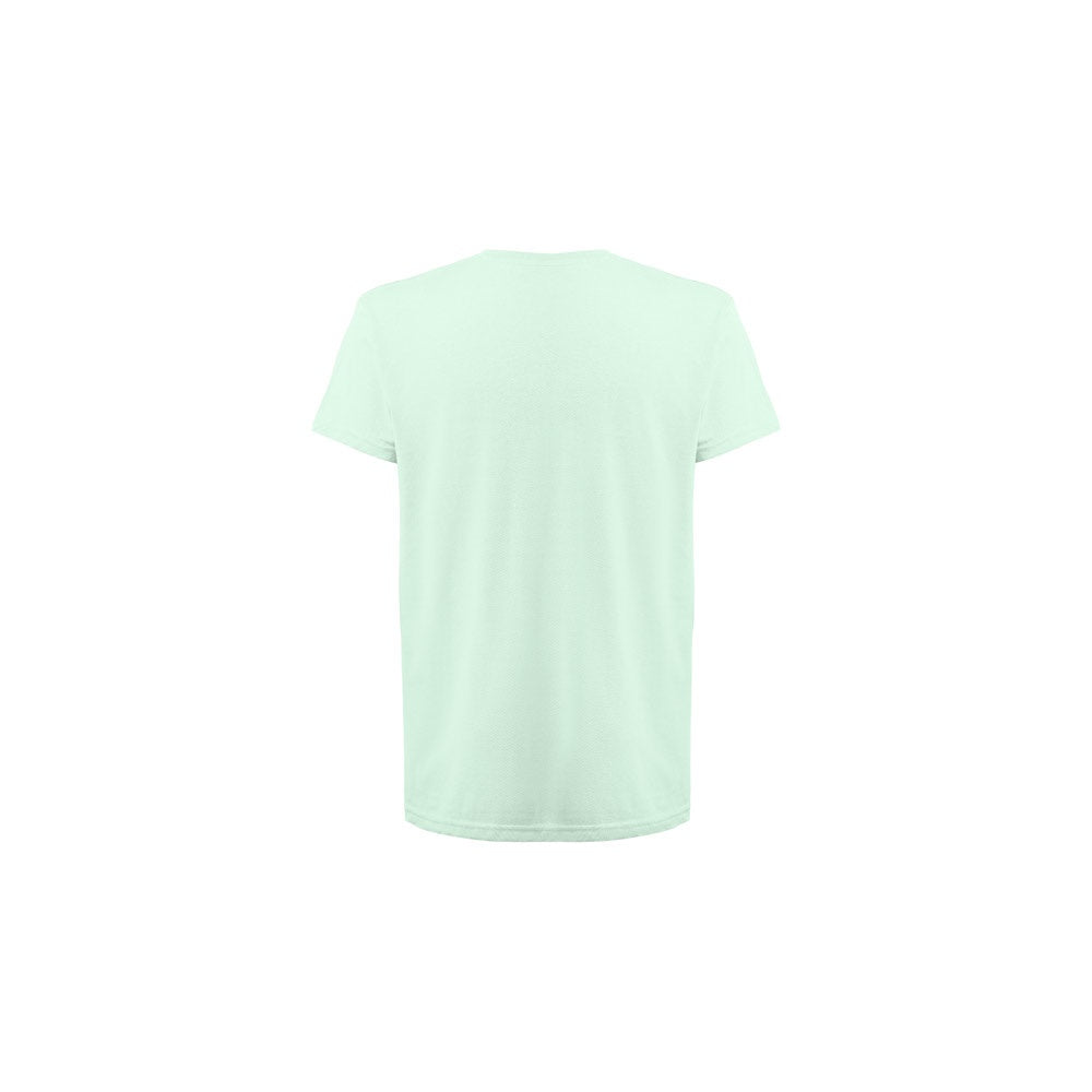 THC FAIR SMALL promotional t-shirt in turquoise green (detail view) with custom logo branding
