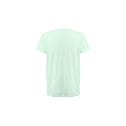 THC FAIR SMALL promotional t-shirt in turquoise green (detail view) with custom logo branding