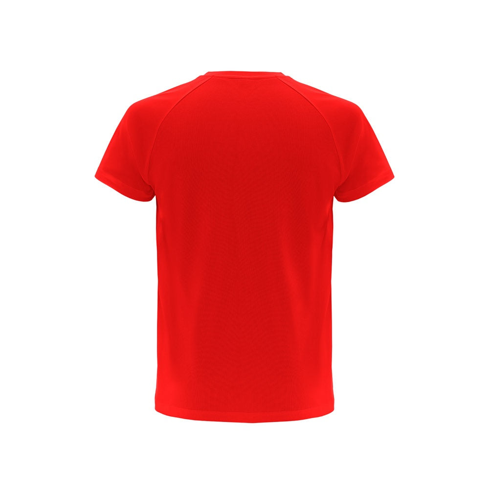THC MOVE promotional t-shirt in red (detail view) with custom logo branding