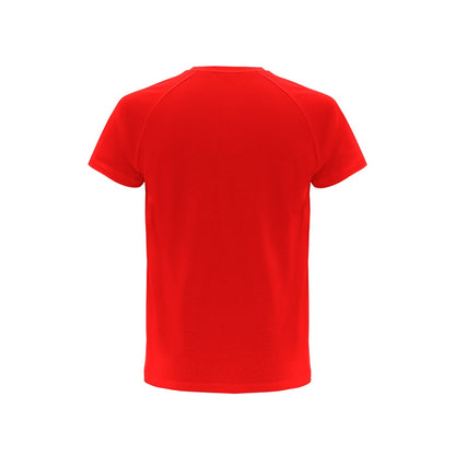 THC MOVE promotional t-shirt in red (detail view) with custom logo branding