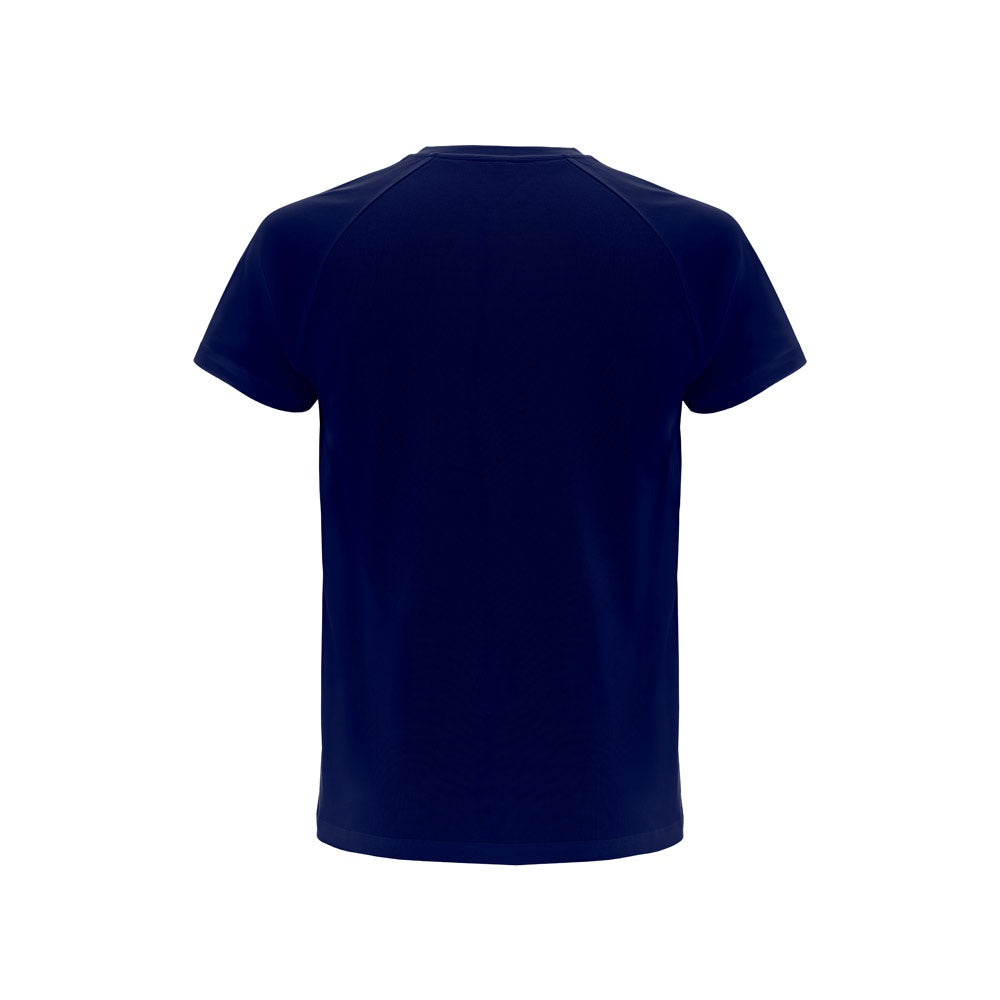 THC MOVE promotional t-shirt in navy blue (detail view) with custom logo branding