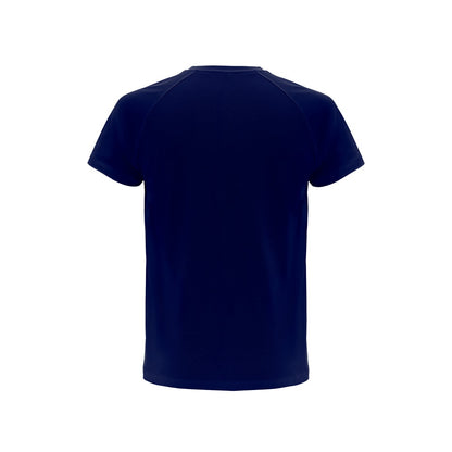 THC MOVE promotional t-shirt in navy blue (detail view) with custom logo branding