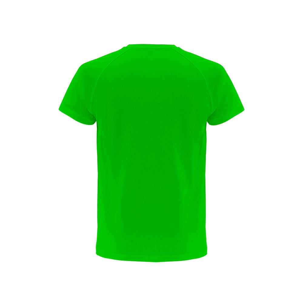 THC MOVE promotional t-shirt in lime green (detail view) with custom logo branding