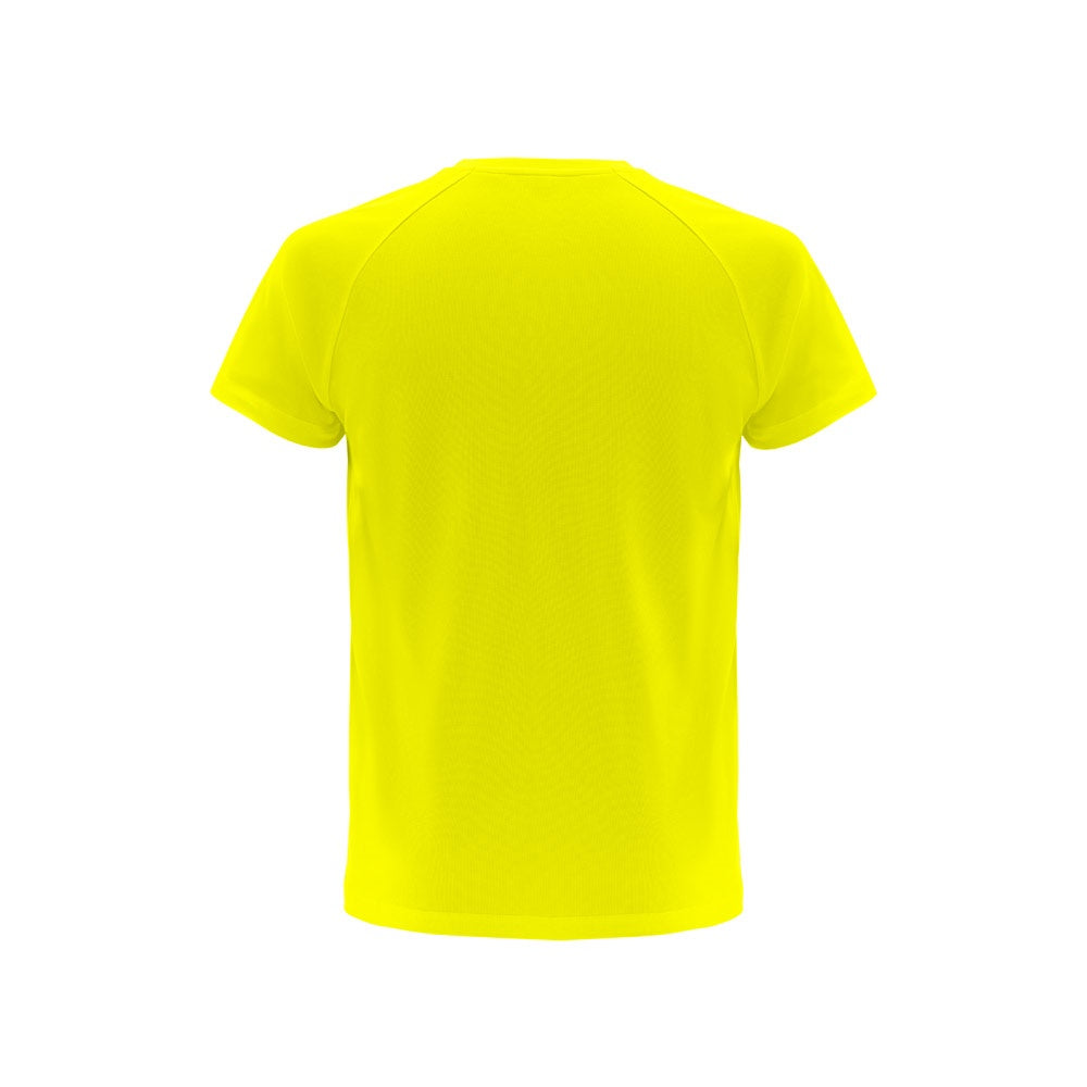 THC MOVE promotional t-shirt in hexachrome yellow (detail view) with custom logo branding