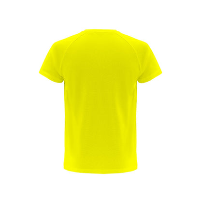 THC MOVE promotional t-shirt in hexachrome yellow (detail view) with custom logo branding