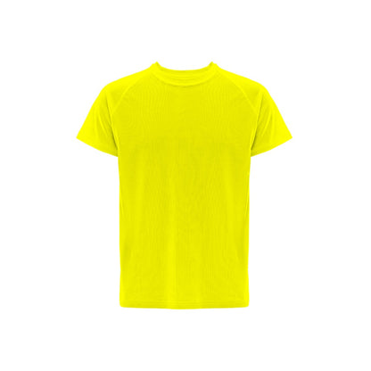 THC MOVE promotional t-shirt in hexachrome yellow with custom logo branding
