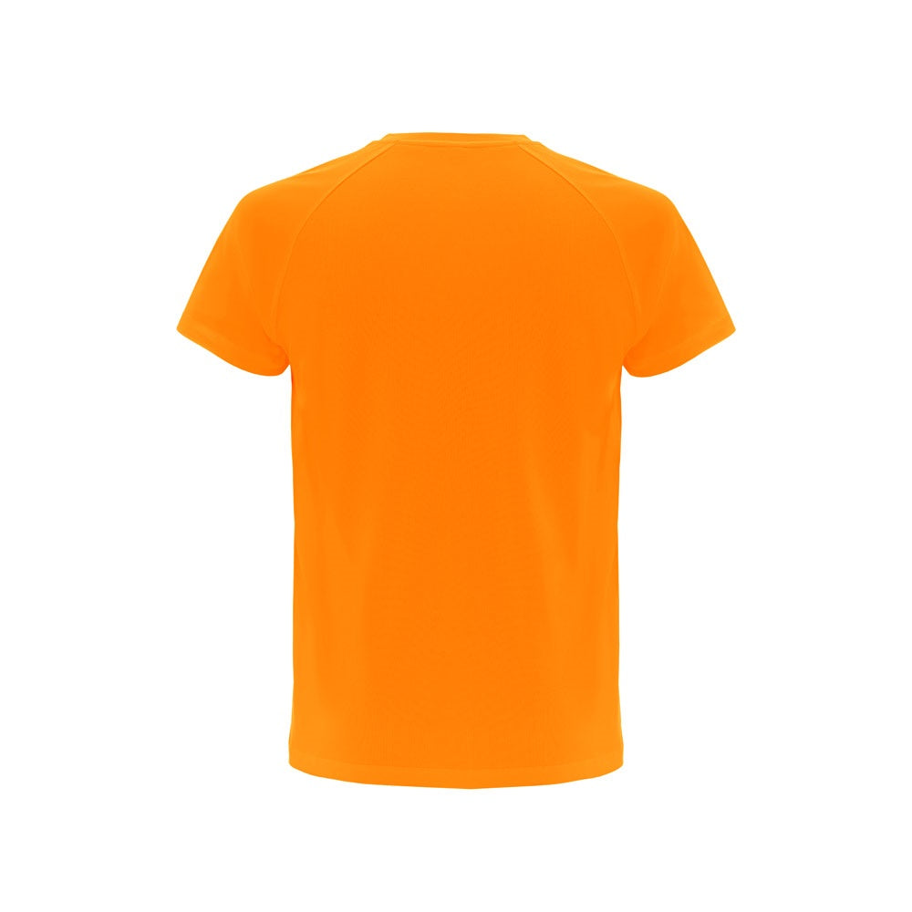 THC MOVE promotional t-shirt in hexachrome orange (detail view) with custom logo branding