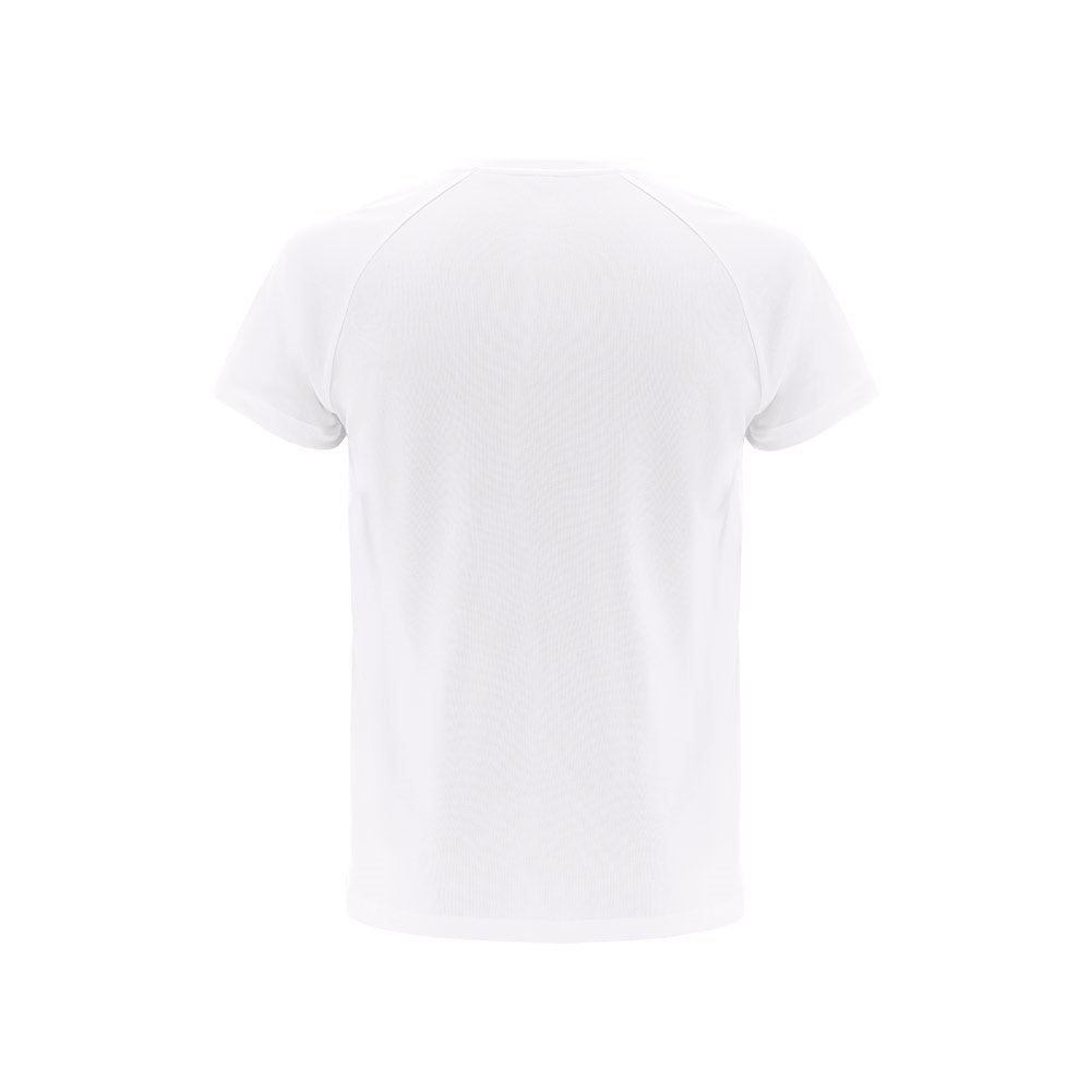 THC MOVE WH promotional t-shirt in white (detail view) with custom logo branding