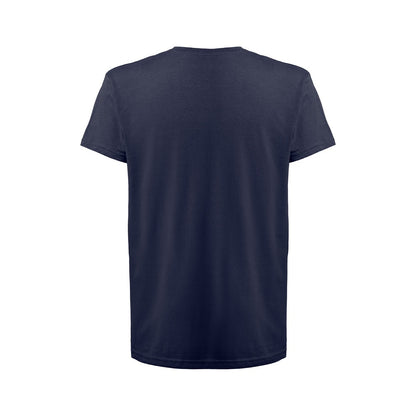 THC FAIR promotional t-shirt in blue (detail view) with custom logo branding