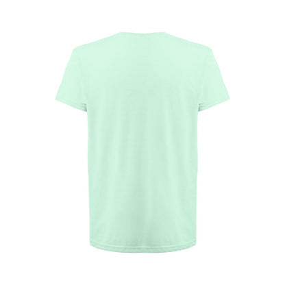 THC FAIR promotional t-shirt in turquoise green (detail view) with custom logo branding