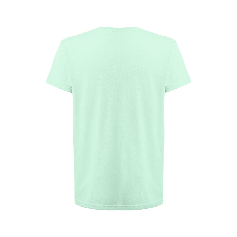 THC FAIR 3XL promotional t-shirt in turquoise green (detail view) with custom logo branding