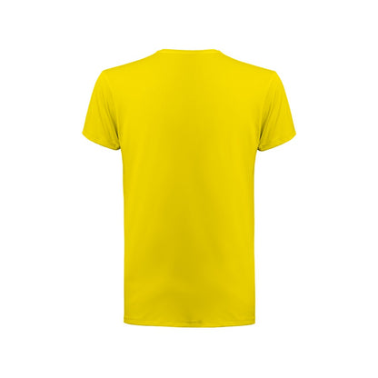THC TUBE promotional t-shirt in yellow (detail view) with custom logo branding