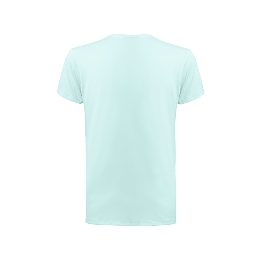 THC TUBE promotional t-shirt in light blue (detail view) with custom logo branding