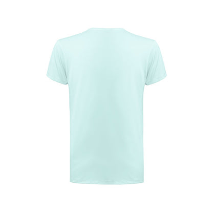 THC TUBE promotional t-shirt in light blue (detail view) with custom logo branding