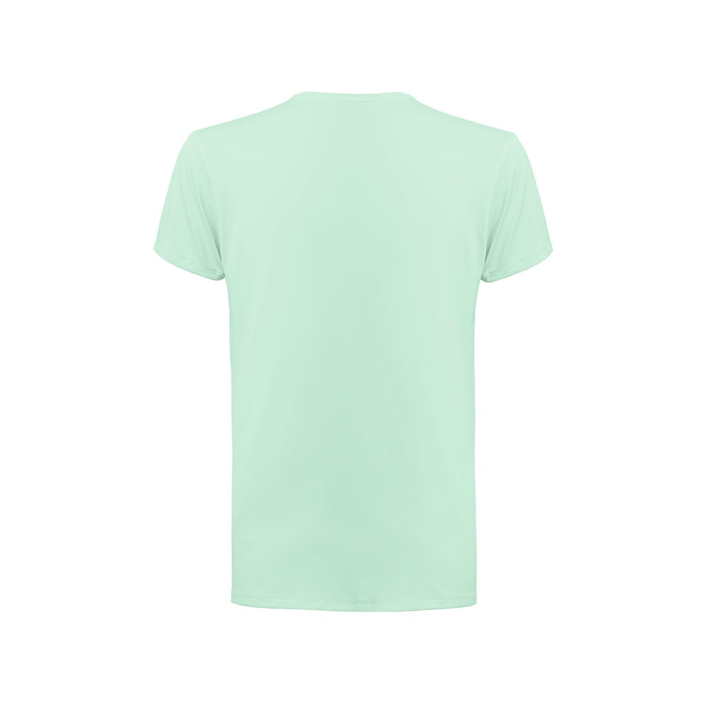 THC TUBE promotional t-shirt in turquoise green (detail view) with custom logo branding