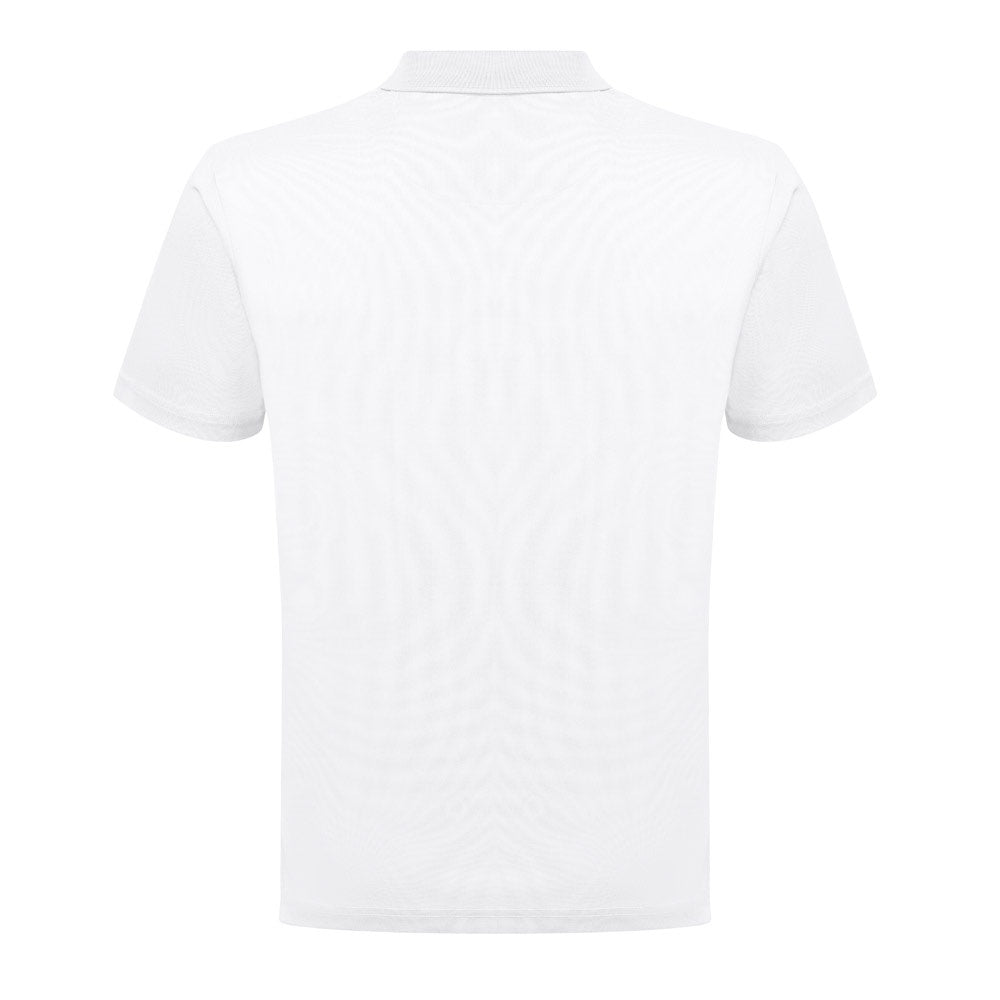 THC DYNAMIC WH promotional polo shirt in white (detail view) with custom logo branding