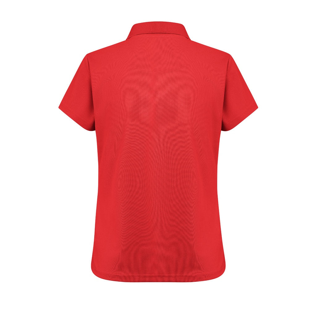 THC DYNAMIC WOMEN promotional polo shirt in red (detail view) with custom logo branding